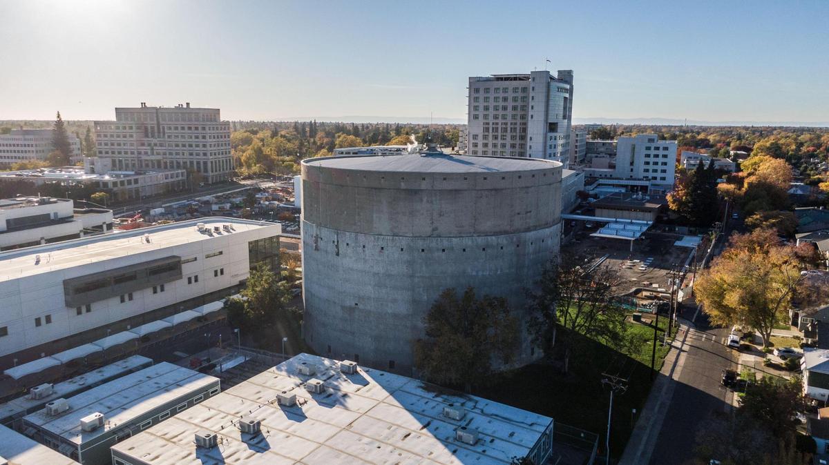 A view of the city water reservoir on V Street near UC Davis Medical Center on Monday, Nov. 21, 2023.