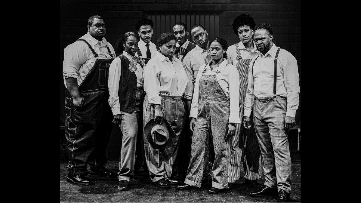 The cast for the local production of “Direct From Death Row: The Scottsboro Boys” presented by Celebration Arts. at the Guild Theater in Oak Park.