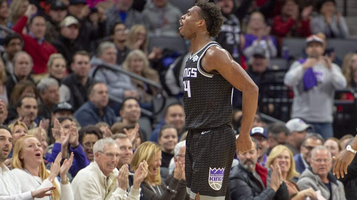Sacramento Kings guard Buddy Hield (24) celebrates in the fans direction after making a three point shot in the first quarter against the San Antonio Spurs, on Monday, Feb. 4, 2019 at the Golden 1 Center in Sacramento.