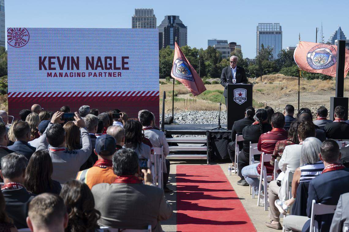 Republic FC Managing Partner Kevin Nagle speaks during a groundbreaking for Republic FC’s new stadium in the Railyards in Sacramento on Monday, Aug. 18.