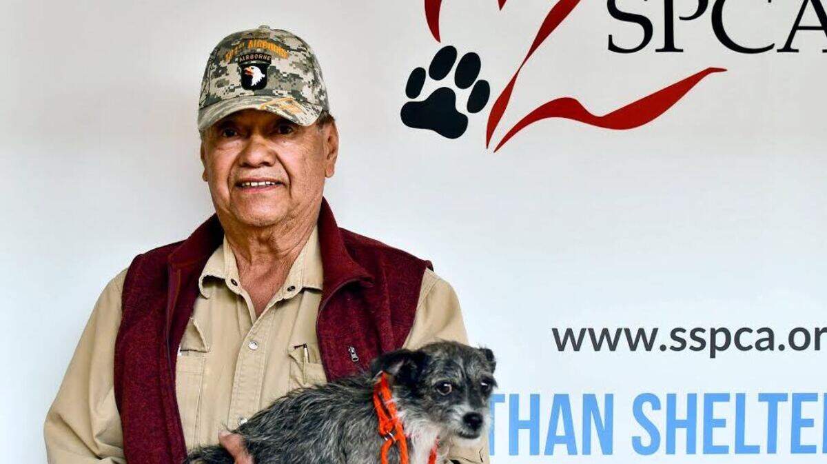 Vietnam veteran Mike Rios adopted 2-year-old Shortcake during Saturday’s free adoption event.
