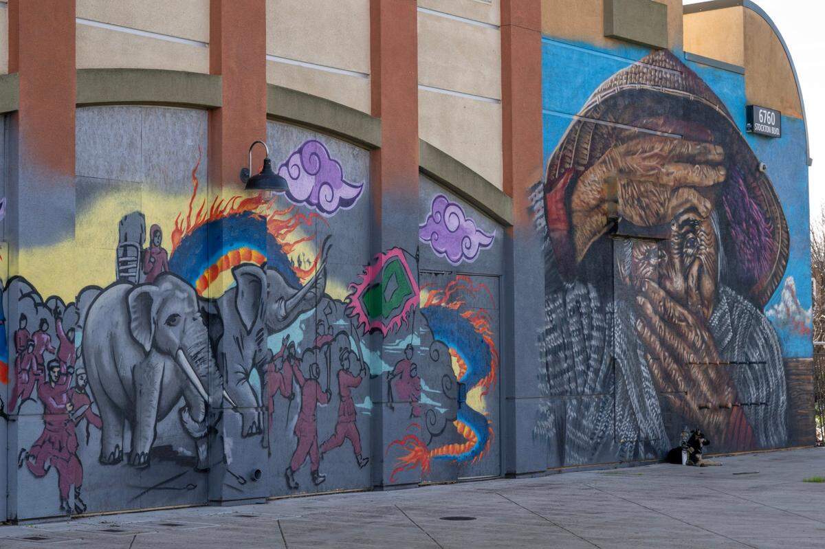 Members of the Asian and Pacific Islander community have criticized the cultural accuracy of a Wide Open Walls mural, photographed Monday, Feb. 12, 2024, on the WellSpace Building on Stockton Boulevard in Sacramento’s Little Saigon neighborhood.