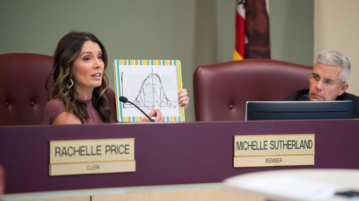 Rocklin Unified School District Board Member Michelle Sutherland draws a graphic representation of where she said the Board’s priorities should be focused during a meeting Wednesday, Sept. 6, 2023. The area of most importance, she said, does not include passing a policy that would violate state law by mandating schools to “out” transgender students to their parents.