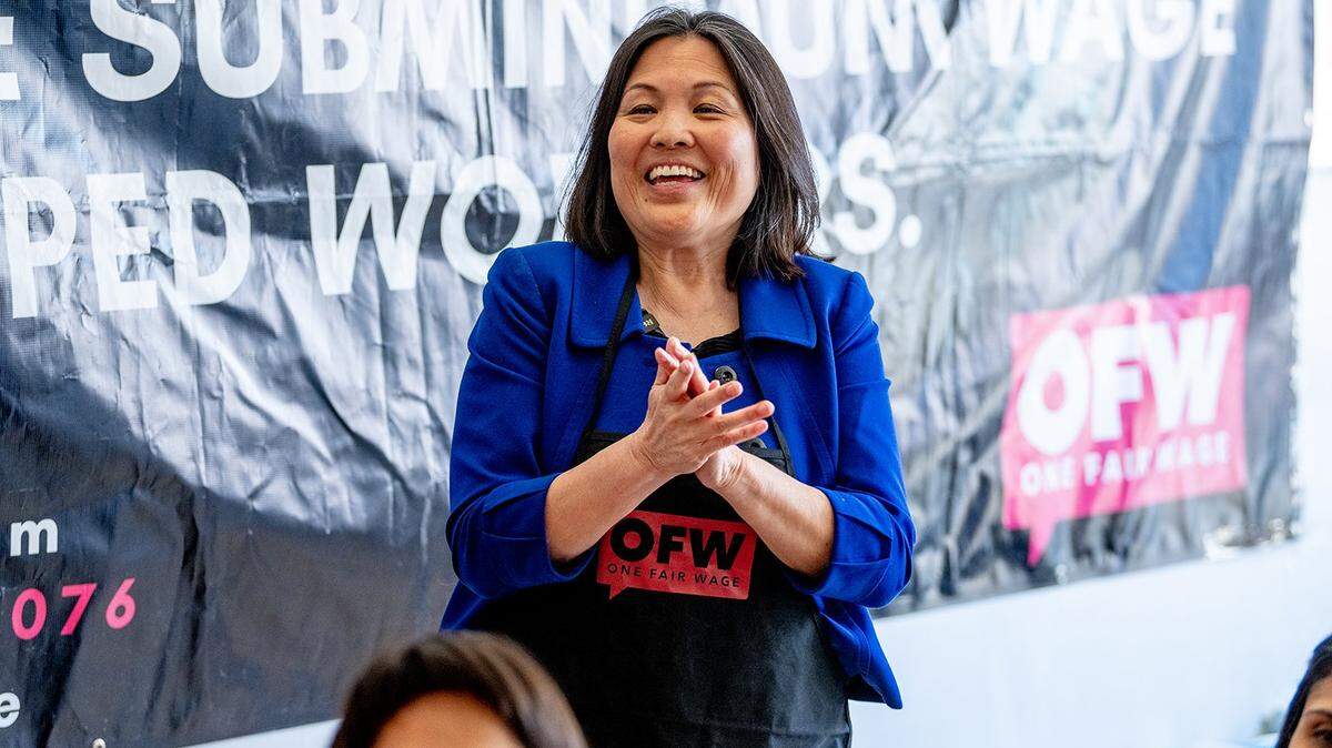 Deputy Labor Secretary Julie Su speaks during a Learn About Worker Experiences event at the Skal restaurant in Brooklyn on April 11, 2022, in New York City.