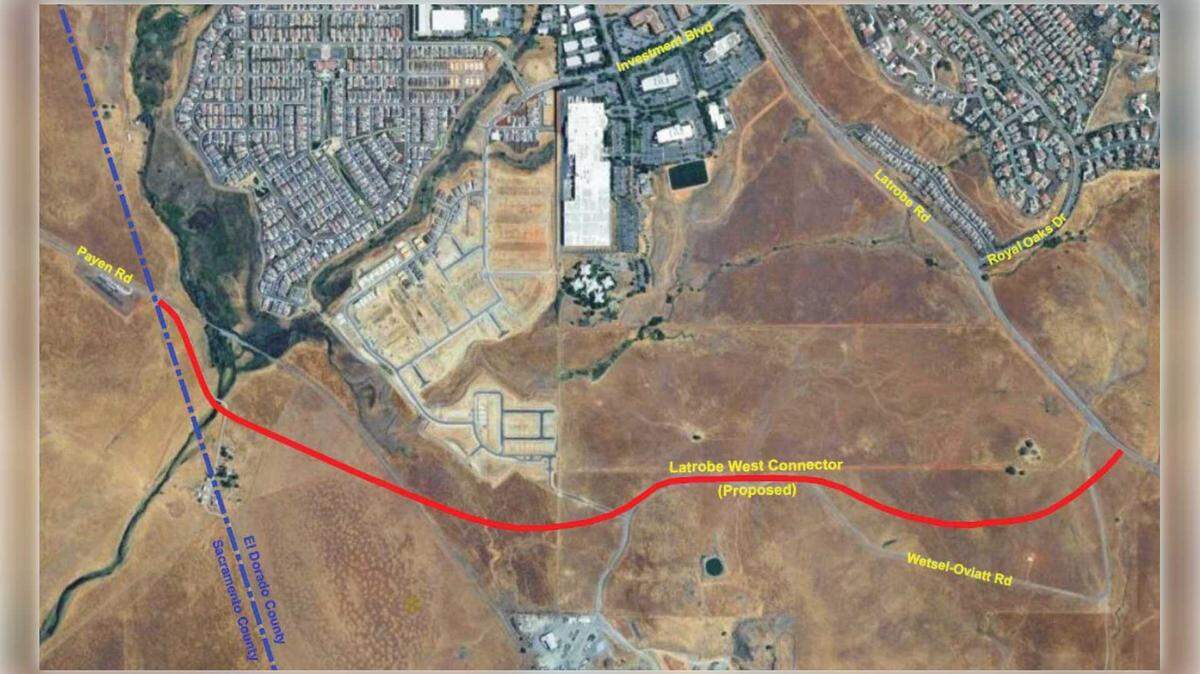 A map shows the proposed route of the Latrobe West Connector south of El Dorado Hills. The El Dorado County Board of Supervisors voted this month to add the potential east-west road to its general plan.