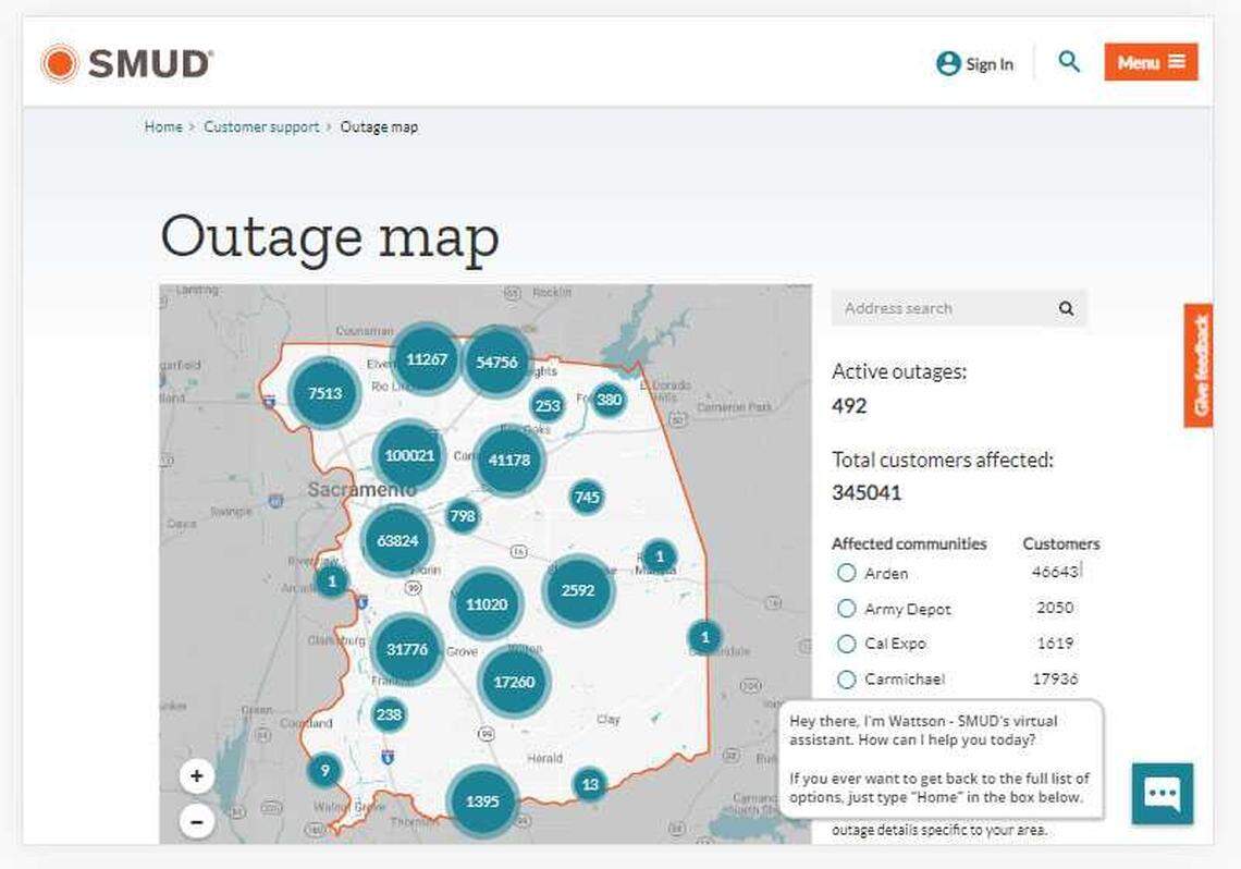 An image of SMUD’s outage page at 1:30 a.m. Sunday, Jan. 8, 2022, showed widespread outages across Sacramento County. More than 345,000 customers were in the dark as howling winds snapped power lines and brought down trees during the third winter storm since Dec. 31.