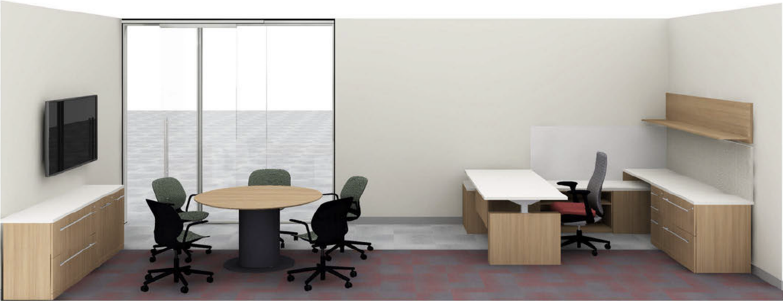 A rendering shows the potential layout of an office for former Capital Public Radio’s General Manager Jun Reina at 730 I St. in downtown Sacramento. The staff never moved into the building, once meant to serve as the radio station’s headquarters.