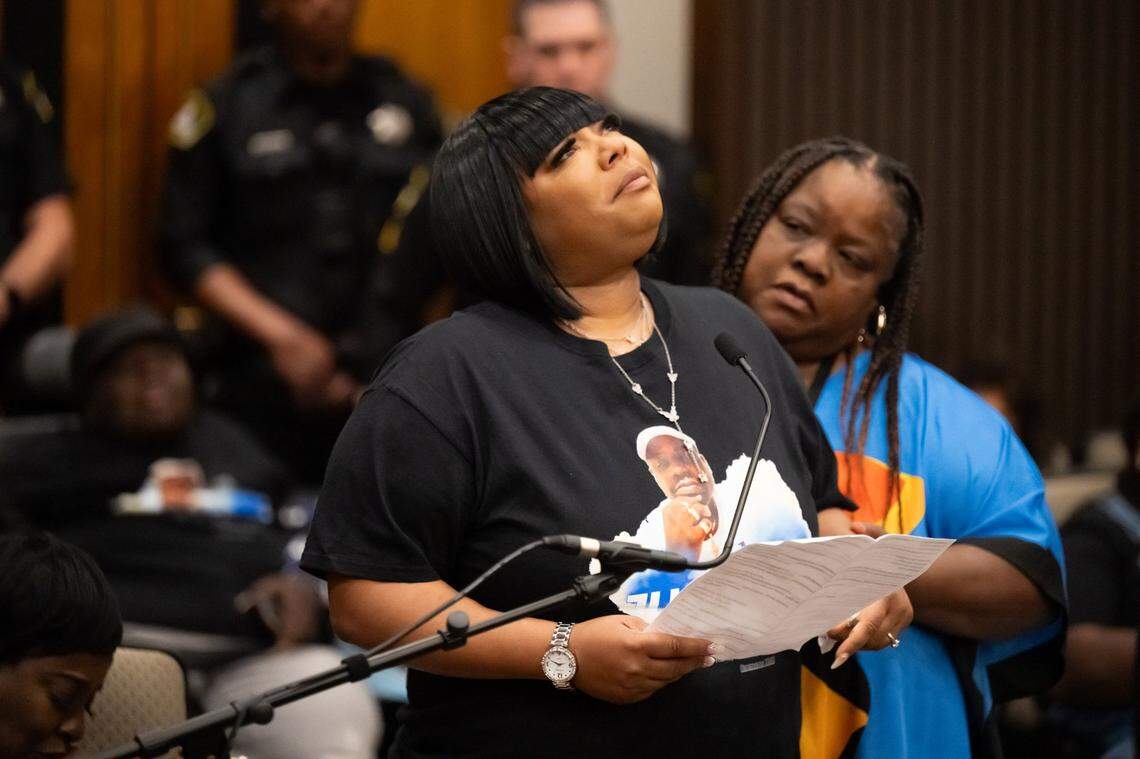 Latrina Davis gives a victim’s statement to the court about the murder of her brother James Roseman during the sentencing hearing of his killer, Joseph Paul DeMarco, on Friday in Sacramento Superior Court. DeMarco was given life in prison without the possibility of parole for the drive-by shooting of Roseman, which was determined to be a hate crime.