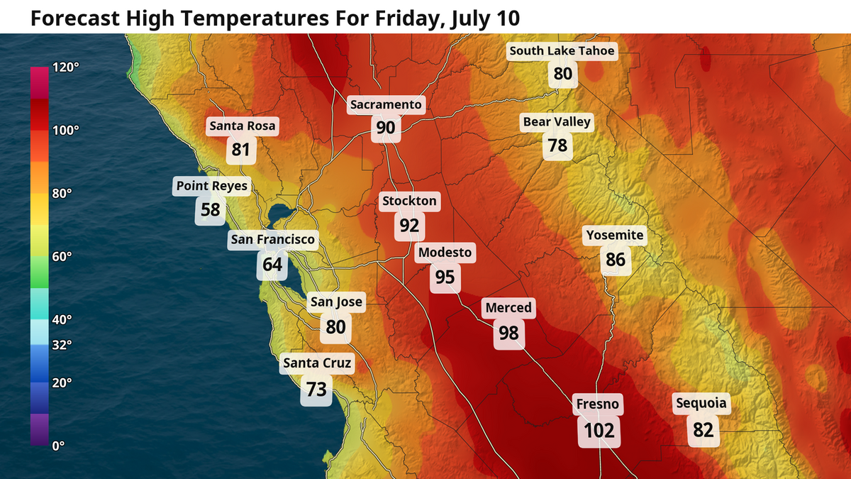 Forecast high temperatures for Friday, July 10.