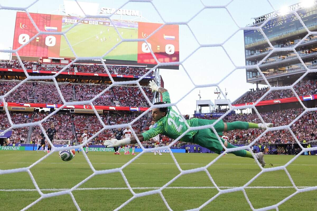 Ugurcan Cakir of Turkey concedes the first goal to Matias Galarza (not pictured) of Paraguay during the FIFA World Cup 2026 Group D match between Turkey and Paraguay at Levi’s Stadium on Friday, June 19, 2026 in Santa Clara.