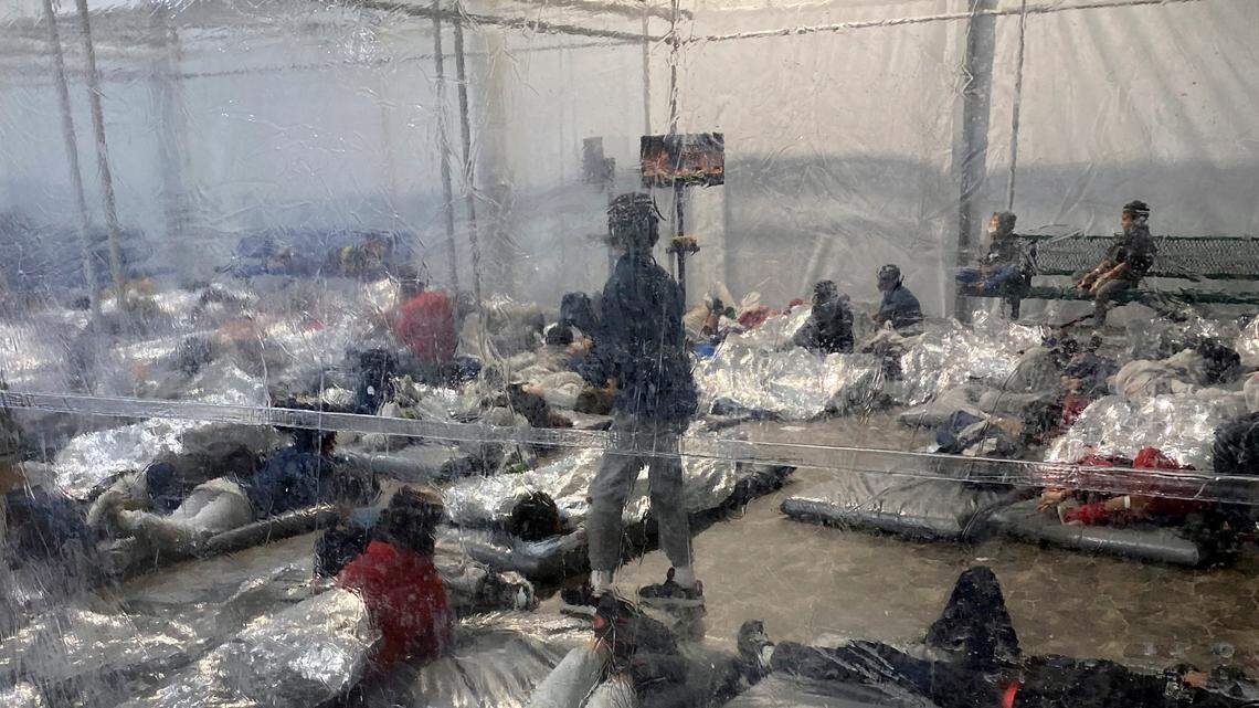 This March 20, 2021, photo provided by the Office of Rep. Henry Cuellar, D-Texas, shows detainees in a Customs and Border Protection (CBP) temporary overflow facility in Donna, Texas. President Joe Biden’s administration faces mounting criticism for refusing to allow outside observers into facilities where it is detaining thousands of immigrant children. (Photo courtesy of the Office of Rep. Henry Cuellar via AP)