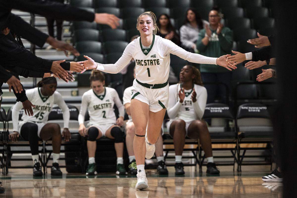 Sacramento State guard Benthe Versteeg (1) is introduced before a game against Nevada at Hornet Pavilion in Sacramento on Thursday, Nov. 6.