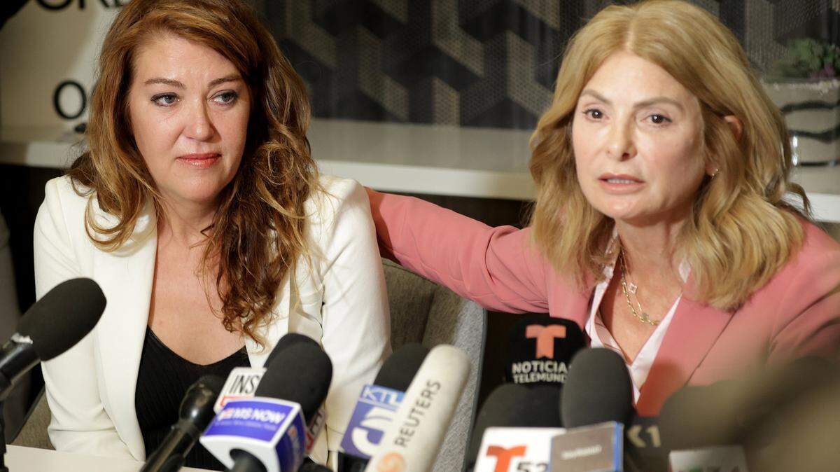 Lonna Drewes, left, shown with attorney Lisa Bloom, during a news briefing on Tuesday, April 14, 2026, detailed a 2018 encounter with Rep. Eric Swalwell, D-Calif. 
