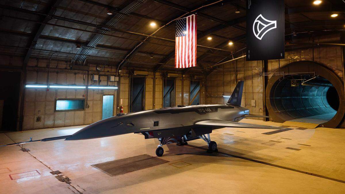 A YFQ-44A unmanned aircraft is staged in a testing chamber in Costa Mesa in an undated photograph provided by the Air Force. The YFQ-44A, developed by Anduril, is one of two semiautonomous vehicles headed to Beale Air Force base that the Air Force says “will be critical in securing air dominance for the Joint Force in future conflicts, leveraging autonomous capabilities and crewed-uncrewed teaming to defeat enemy threats in contested environments.”