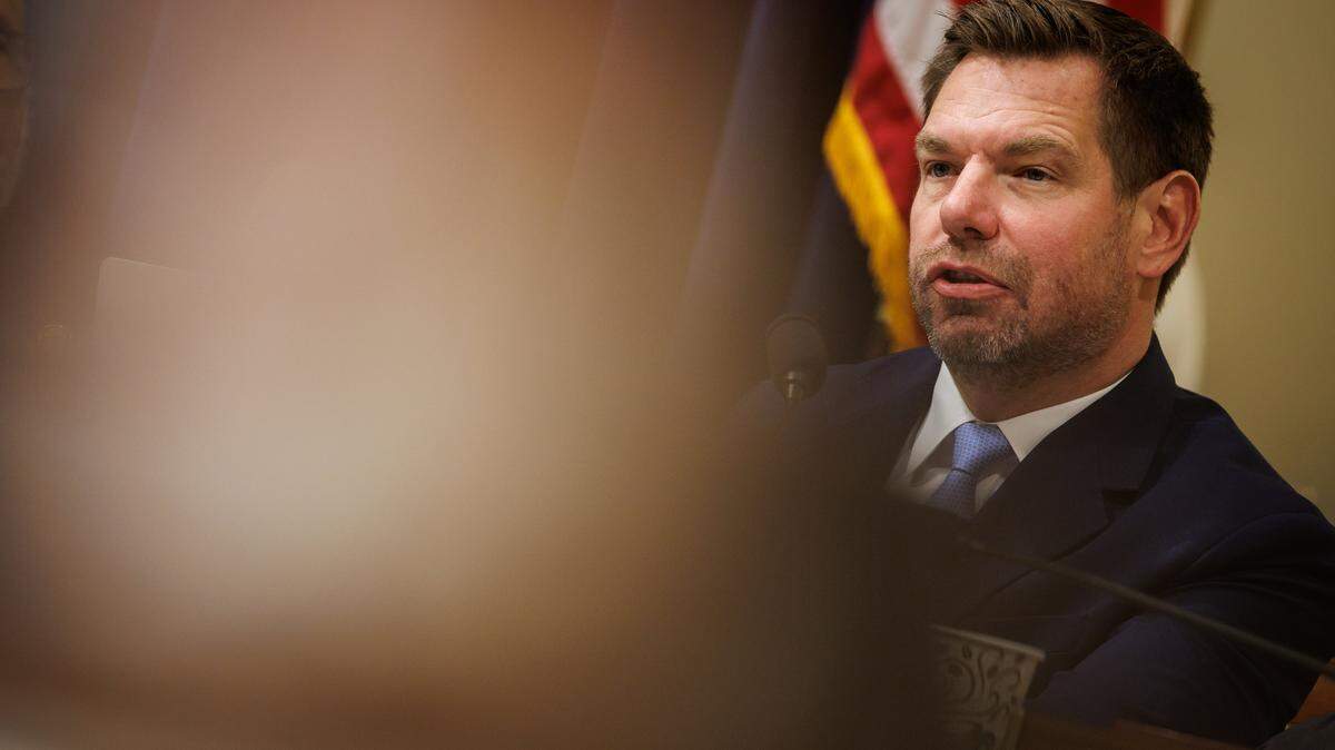 WASHINGTON, DC - FEBRUARY 10: U.S. Rep. Eric Swalwell (D-CA) speaks during a House Homeland Security Committee hearing on February 10, 2026 in Washington, DC. The Department of Homeland Security has faced criticism over law enforcement tactics targeting undocumented immigrants and the killing of two U.S. citizens in Minneapolis. (Photo by Samuel Corum/Getty Images)