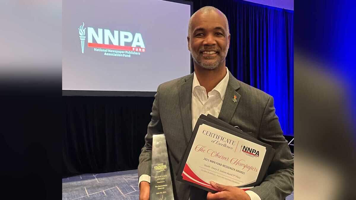 Sacramento Observer Publisher Larry Lee holds the John B. Russwurm Award for journalism excellence June 29 at the 2023 National Newspaper Publishers Association Fund 2023 Messenger Awards in Nashville, Tenn.
