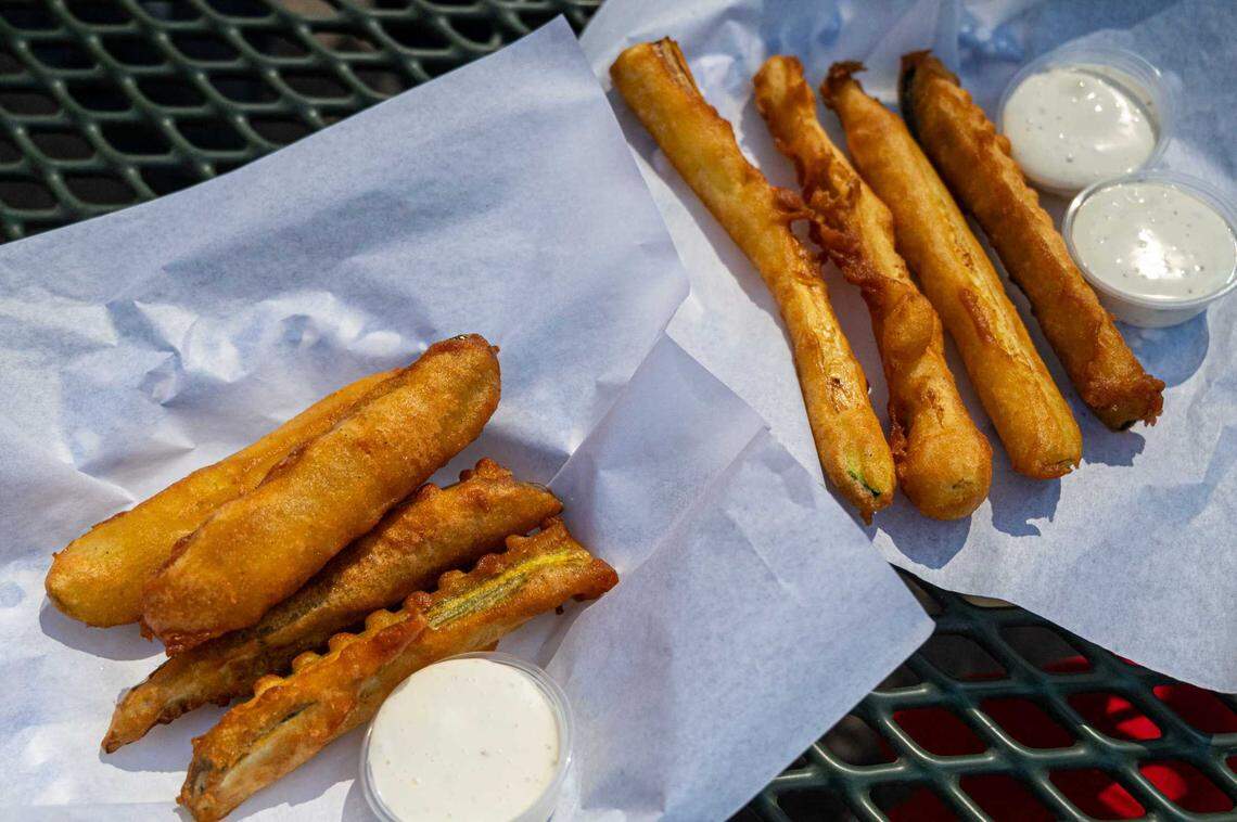 Fried dill pickle and zucchini are available from Eat at Joe’s at the California State Fair on Friday.