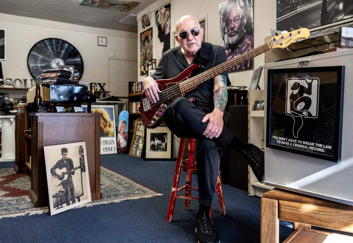 Vinnie Pantaleoni, a bass player from Yuba City who played with the band Steel Breeze, describes his fond memories growing up listening to Bob Dylan at Sound Annex on Tuesday.