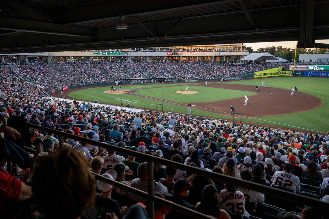Athletics and San Francisco Giants fans fill Sutter Health Park  on Friday, July 4 2025, as the teams play each other in West Sacramento for the first time during the regular season.