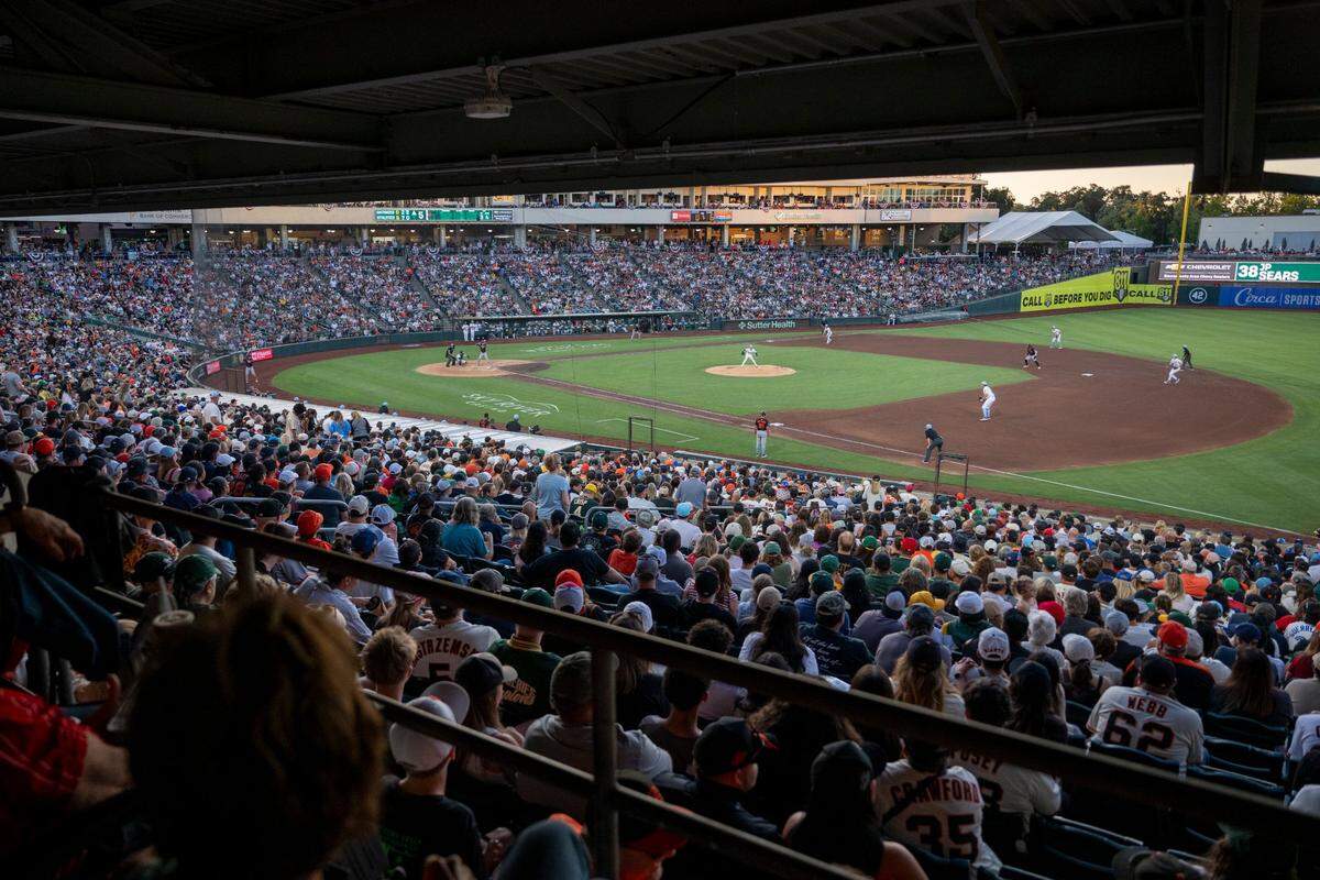 Athletics and San Francisco Giants fans fill Sutter Health Park  on Friday, July 4 2025, as the teams play each other in West Sacramento for the first time. 