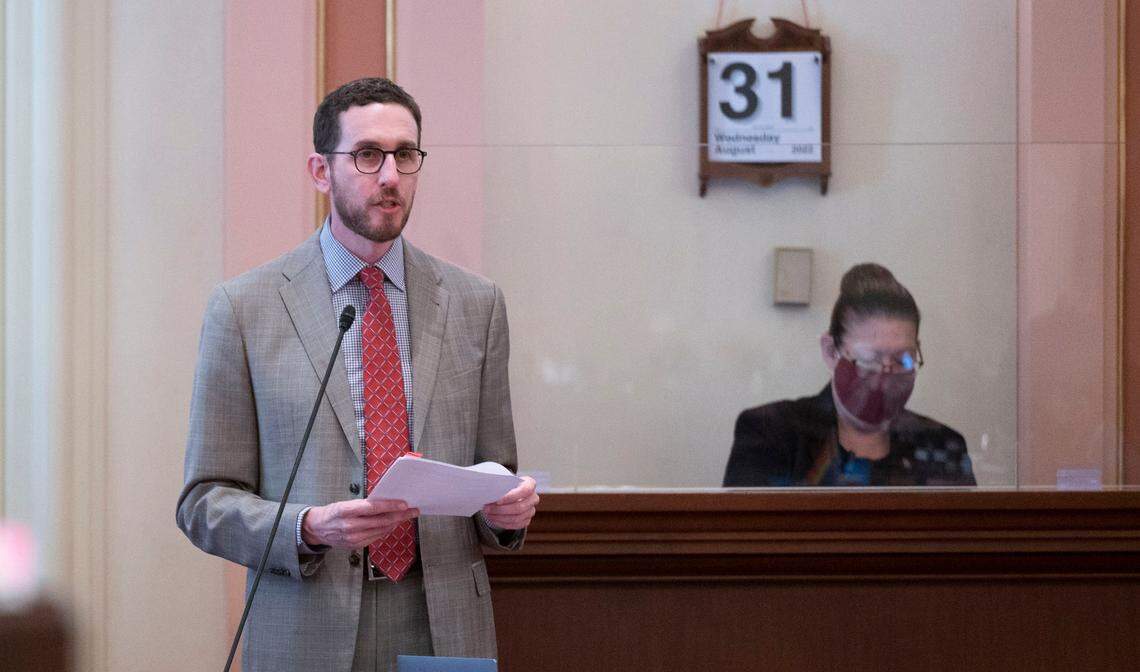 State Sen. Scott Wiener, D-San Francisco, talks to members of the Senate during the last day of legislative session on Aug. 31 in Sacramento. Wiener’s SB 519, which would have decriminalized the possession of psychedelic drugs, was unexpected gutted in this year’s session. He said he plans to reintroduce it next year.