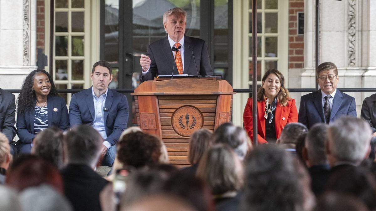 University President Christopher Callahan announces plans for the launch of the University of the Pacific School of Medicine in Stockton on Thursday, May 28, 2026. The new medical school aims to close the gap in the number of physicians in the Central Valley.