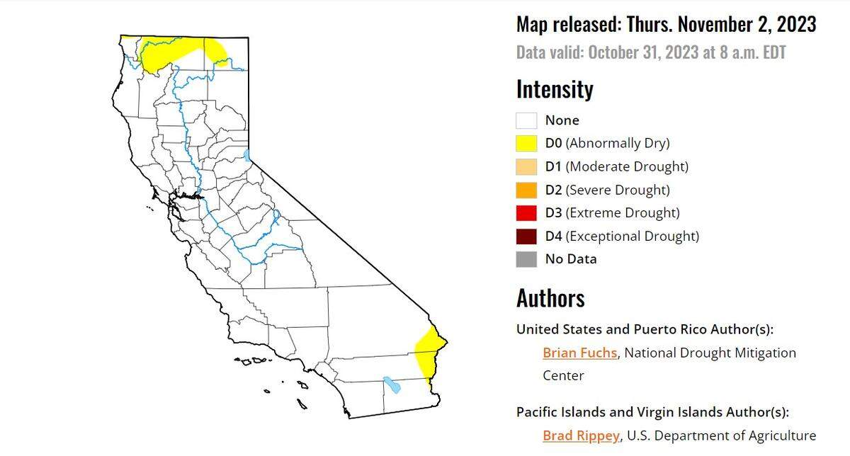 California is 100% drought free for the first time in nearly two and half years. “abnormally dry” conditions are located in both the northernmost and southernmost portions of the state including Del Norte, Siskiyou, Modoc, San Bernardino, Riverside and Imperial counties.