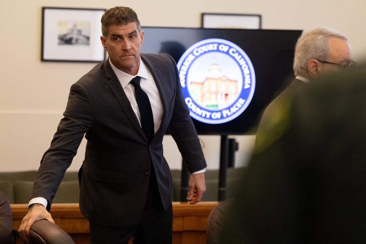 Daniel Serafini, the former major league baseball player who is on trial for allegedly murdering his in-laws, waits for the jurors to leave the courtroom after opening arguments in Placer Superior Court in Auburn on Monday, May 19, 2025.