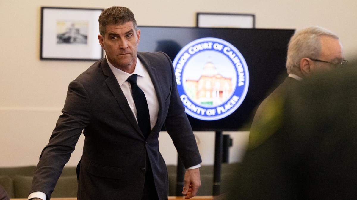 Daniel Serafini, the former major league baseball player who is on trial for allegedly murdering his in-laws, waits for the jurors to leave the courtroom after opening arguments in Placer Superior Court in Auburn on Monday, May 19, 2025.