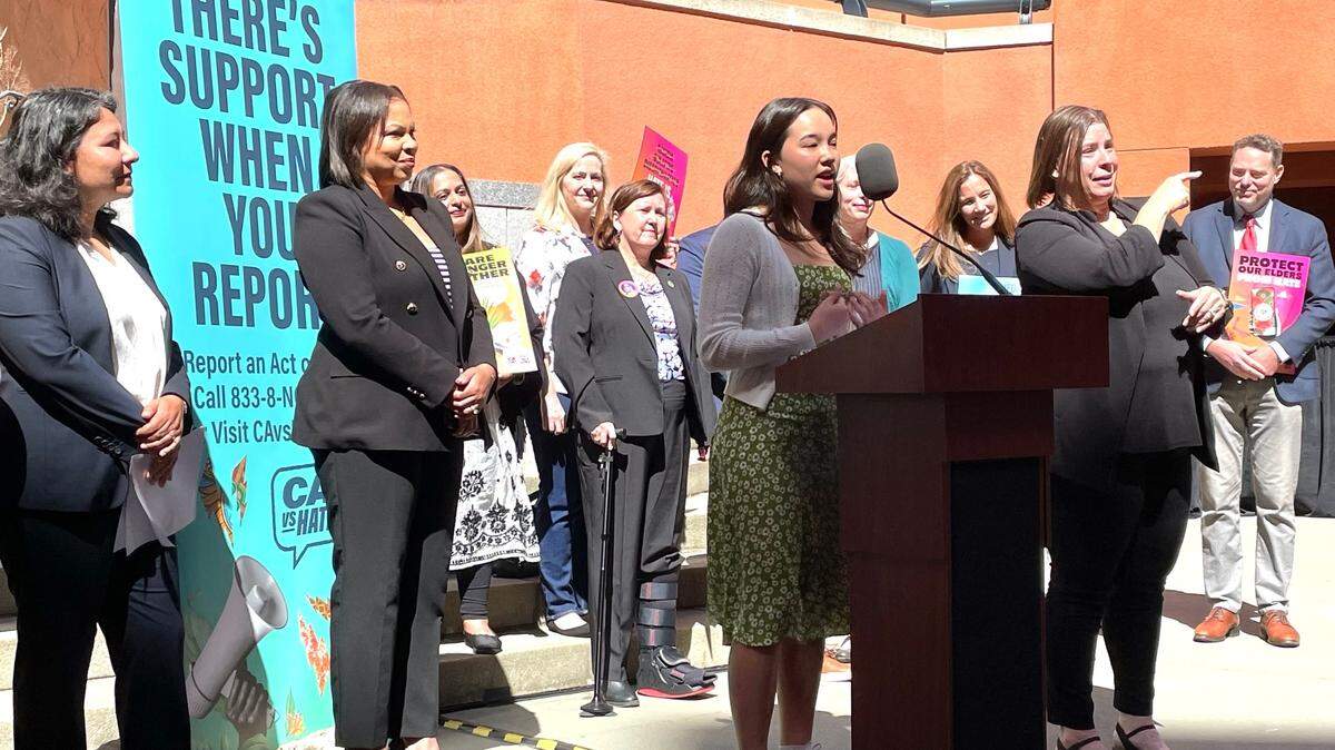 Mina Fedor, the founder and executive director of AAPI Youth Rising, speaks about anti-Asian hate during a press conference at the California Museum on May 20, 2024. Fedor stressed the importance of having resources to report hate crimes, using the state’s anti-hate hotline as an example.