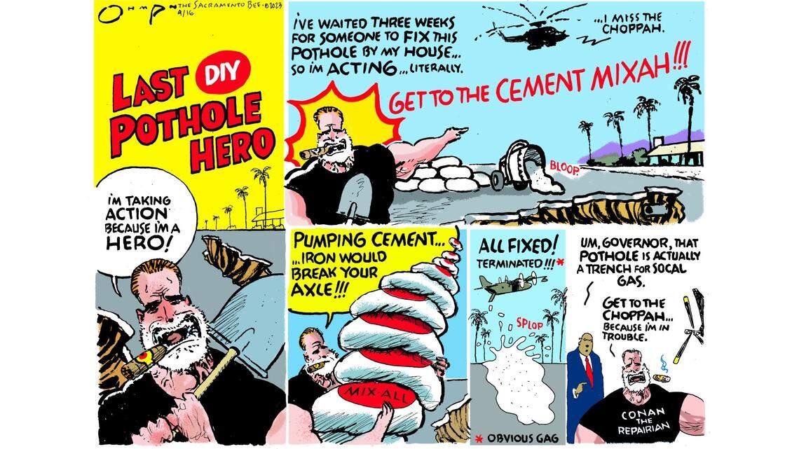 Arnold ‘Terminator’ Schwarzenegger shows how to fix a pothole — or was it? Oops! | Opinion