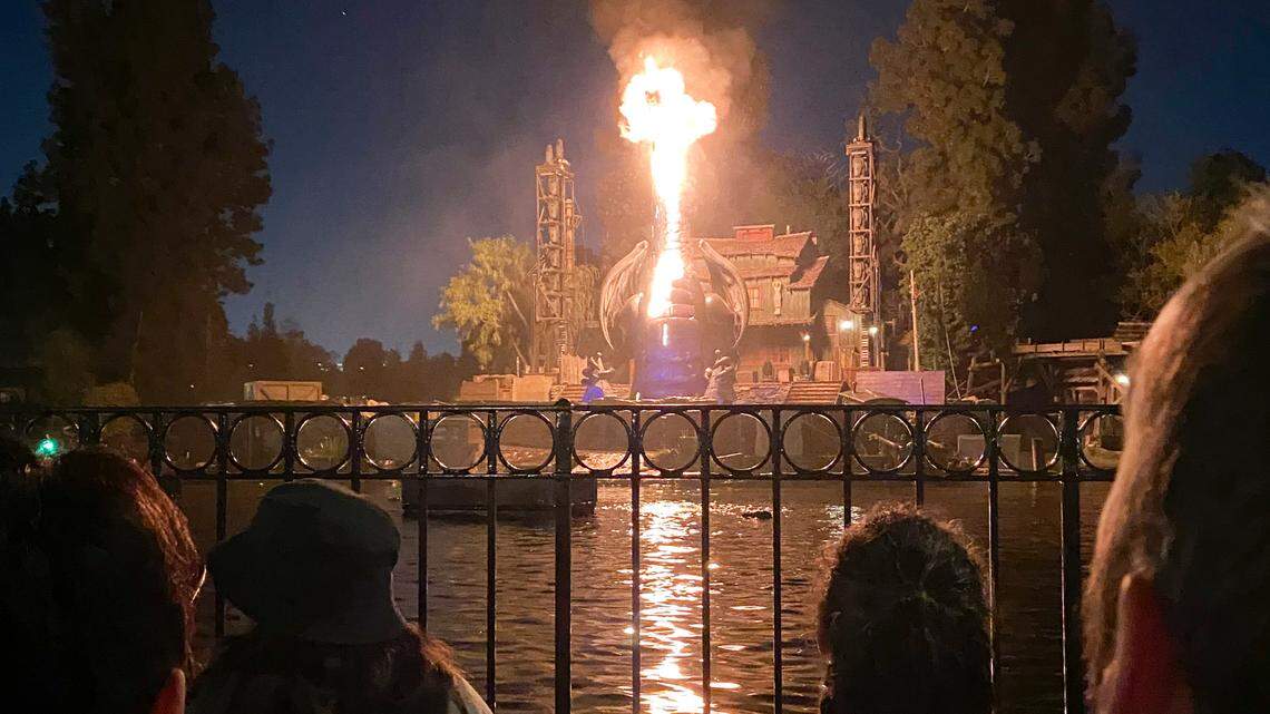 This photo courtesy of Shawna Bell shows a fire during the “Fantasmic” show in the Tom Sawyer Island section of Disneyland resort in Anaheim, Calif., on Saturday, April 22, 2023. (Courtesy Shawna Bell via AP)