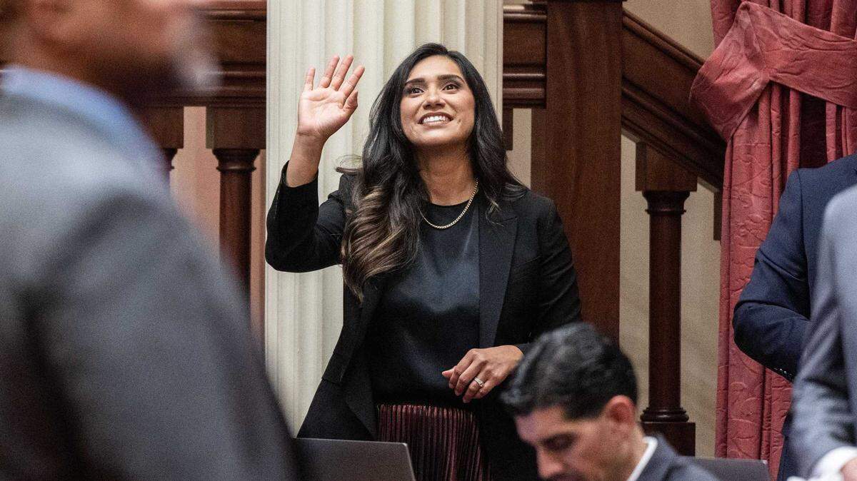 State Sen. Sabrina Cervantes, D-Riverside, waves to guests before being sworn in on Dec. 2, 2024, at the state Capitol. The Riverside Democrat was cited Monday on suspicion of driving under the influence following a vehicle collision in downtown Sacramento.