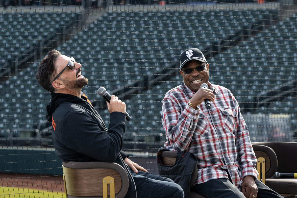 F.P. Santangelo and Giants special advisor Dusty Baker enjoy a moment during a question and answer session at the San Francisco Giants FanFest at Sutter Health Park on Saturday in West Sacramento.