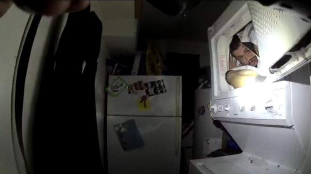Police in Spokane, Washington, seeking a man suspected of violating a restraining order found him hiding in a clothes dryer Sunday morning. Officers posted a bodycam still of the scene to Facebook.