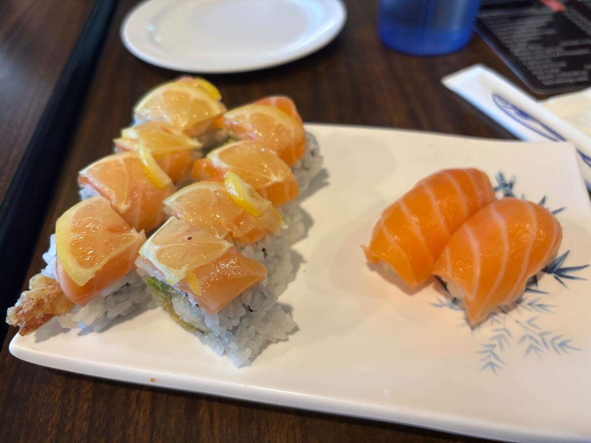 A 49er roll and two pieces of salmon nigiri at Nami Sushi in Davis. The restaurant’s all-you-can-eat offering costs $27.99 per person, making it one of the cheapest in the city.