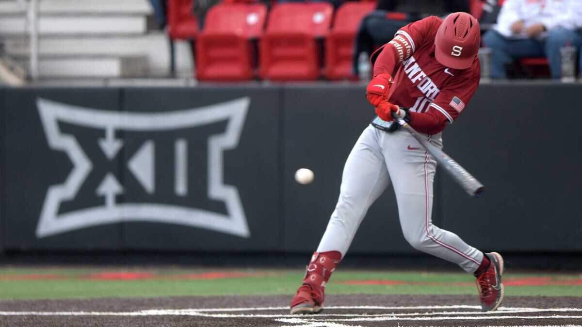Stanford catcher Malcolm Moore (10) prepares to hit the ball against Texas Tech in Game 1 of their non-conference baseball series on Monday, April 1, 2024, at Rip Griffin Park in Lubbock, Texas.
