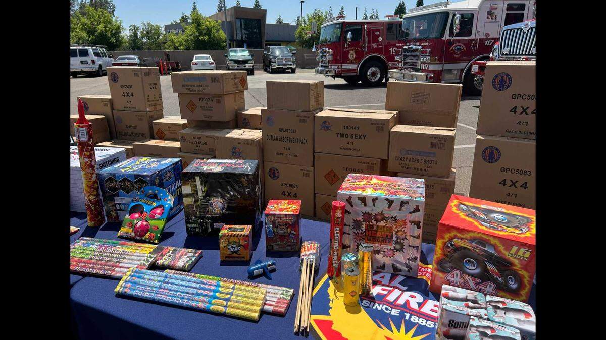 A stack of illegal fireworks were displayed during a news conference Tuesday in Sacramento with California fire and state officials, who warned of the environment and criminal consequences of illegal firework activity.