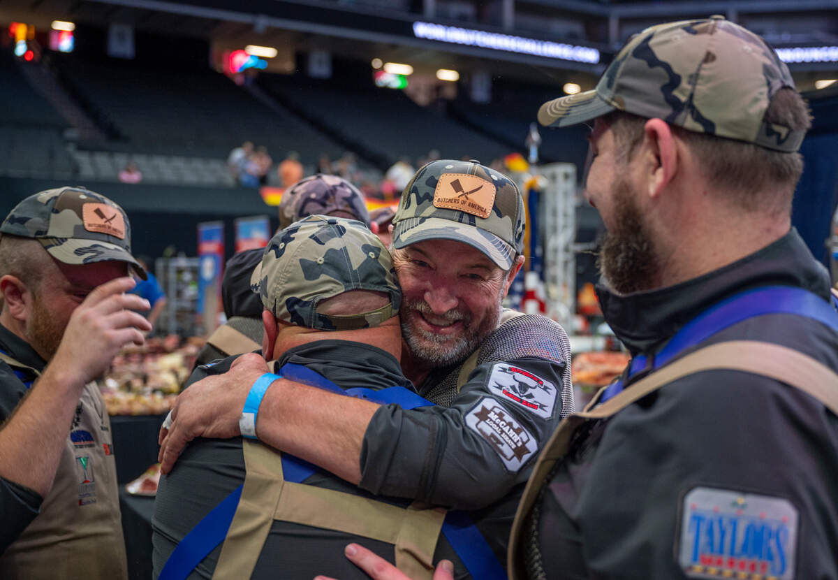 Danny Johnson, of Taylor’s Market in Sacramento, celebrates with his Butchers of America teammates after time expires during the World Butchers’ Challenge at Golden 1 Center in Sacramento on Saturday, Sept. 3, 2022.