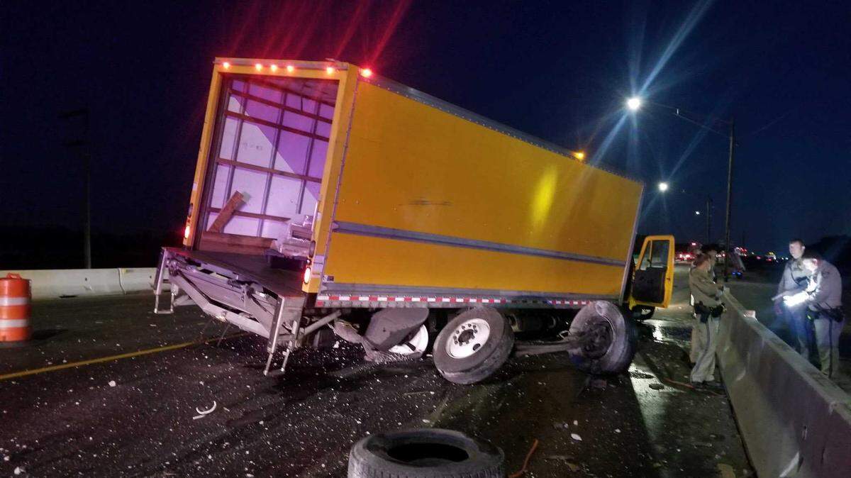 A box truck is seen following a crash on Highway 99 near Grant Line Road in Sacramento County, Calif., on Tuesday, June 22, 2021. The collision blocked all lanes of northbound Highway 99 for several hours.