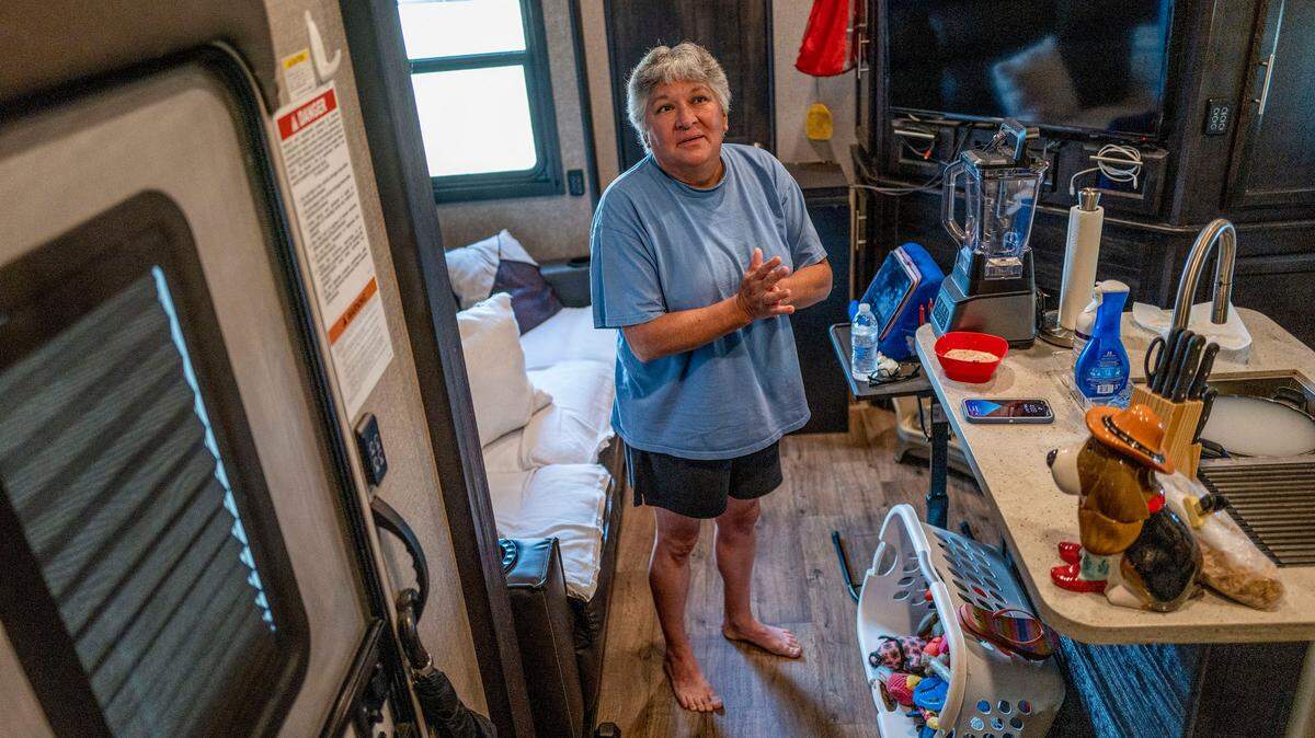 Teri Lindsay, who lost her home in the 2018 Camp Fire in Paradise, worries on Wednesday, June 1, 2022, in Oroville that she will once again lose her home. “The hardest part would be losing my doggies. They are my support. They canít live in my car with me, that’s dangerous,” Lindsay said near a basket full of dog toys.