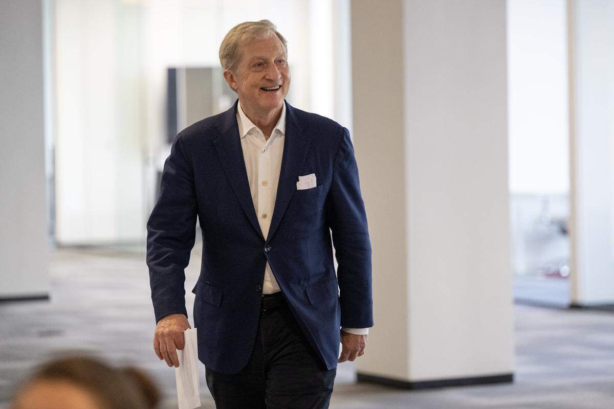Billionaire entrepreneur and activist Tom Steyer, who is running for governor as a Democrat, holds a news conference at the Urban Hive in Sacramento on Wednesday. 