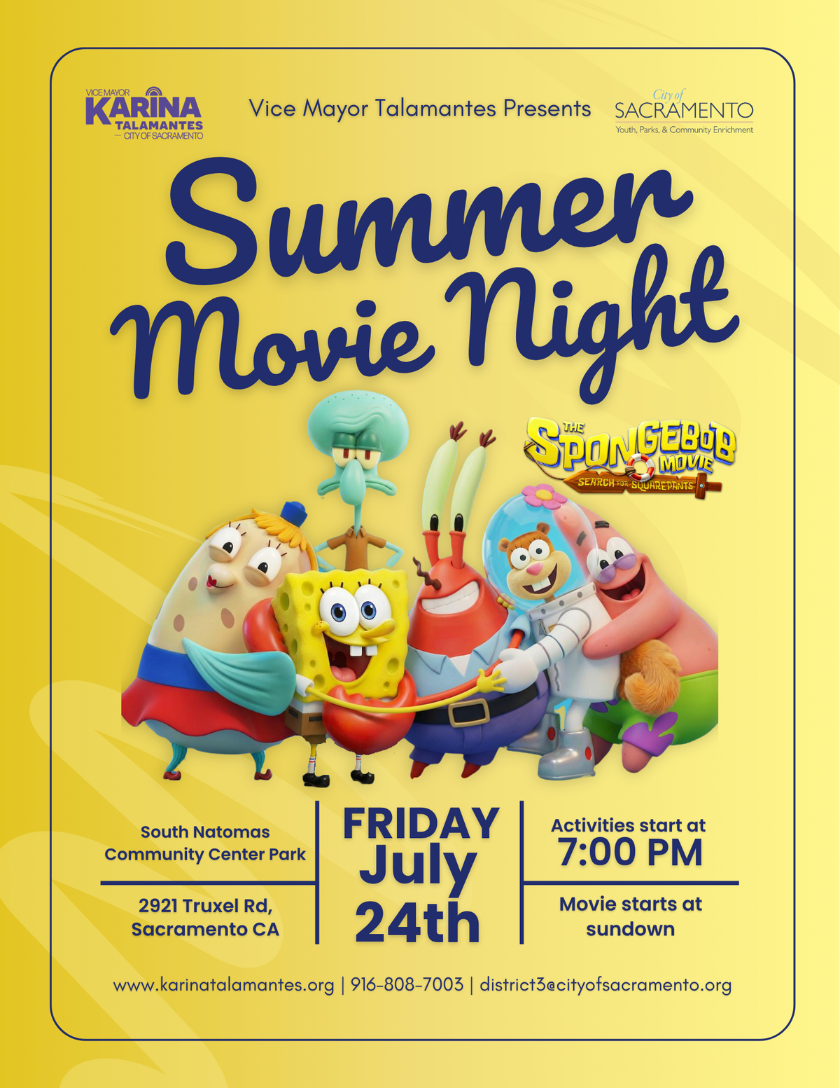 Free Summer Movie Night on Friday, July 24th at South Natomas Community Center Park.