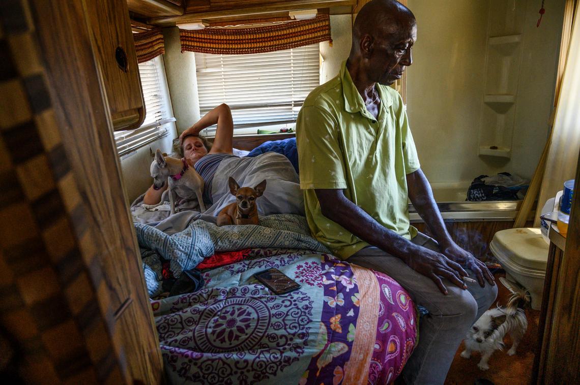 Laurane Ivey, 37, and her boyfriend Herb now live in an RV that they got after trading in their van on Tuesday, July 23, 2019 in Sacramento. Ivey said she suffered from heat stroke and was too exhausted to get out of bed. “It’s a lot better than a car but it’s hot,” said Ivey.