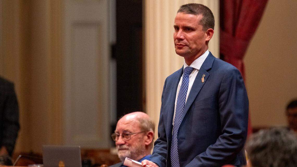 Senate President Pro Tem Mike McGuire, D-Healdsburg, stands on the floor at the state Capitol on Wednesday, July 3, 2024. McGuire was pushing legislators to support Prop. 47 in a vote that was to be taken late Wednesday, before California Gov. Gavin Newsom’s last-minute decision to pull the ballot measure Tuesday.