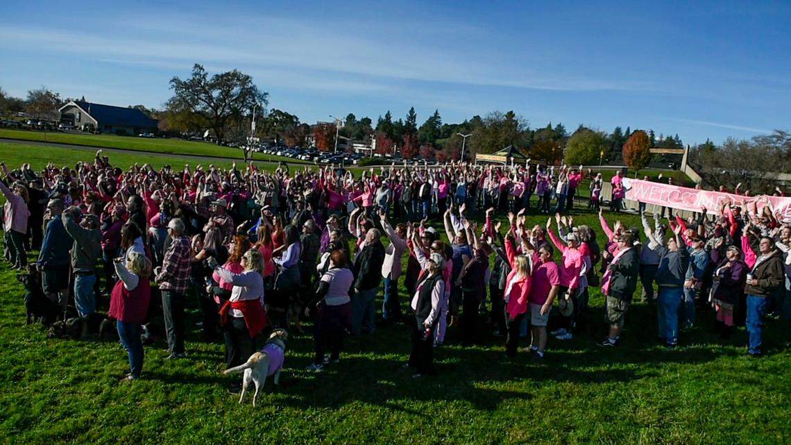 About 200 members of the Redding community show their support at a “welcome home” party for Sherri Papini outside the Redding Civic Auditorium in December 2016.