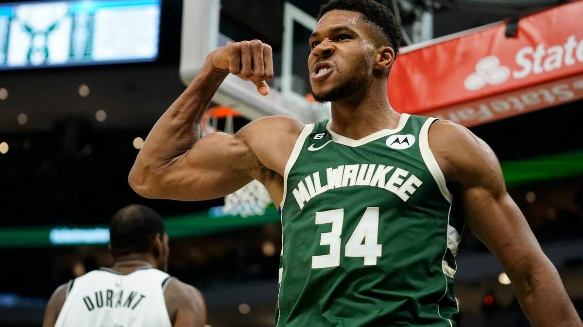 Milwaukee Bucks’ Giannis Antetokounmpo reacts after making a shot and being fouled during the second half of an NBA basketball game against the Brooklyn Nets Wednesday, Oct. 26, 2022, in Milwaukee. The Bucks won 110-99. (AP Photo/Morry Gash)