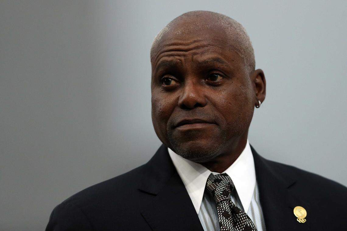 Former U.S. Olympian Carl Lewis looks on before the men’s 100-meter medal ceremony at the Lima 2019 Pan American Games at the Athletics Stadium of Villa Deportiva Nacional in Lima, Peru, in 2019. Lewis, a nine-time Olympic gold medalist in sprinting and long jump, is a member of the 19th class of the California Hall of Fame.