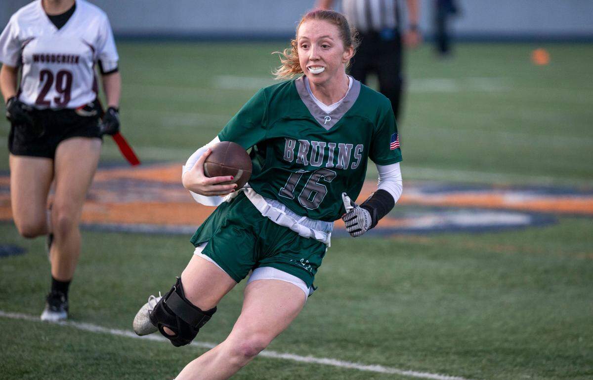 Ponderosa Bruins quarterback Brooklynn Nordquist (16) runs for a big gain the first half of the Sac-Joaquin Section Division II girls flag football championship game on in November.