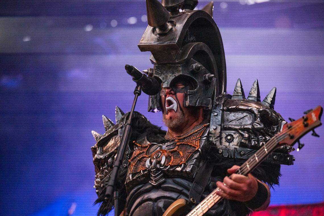 Beefcake the Mighty of heavy metal band Gwar, celebrating its 40th anniversary, sings during the Aftershock festival on Sunday, Oct. 5, 2025, in Sacramento’s Discovery Park.